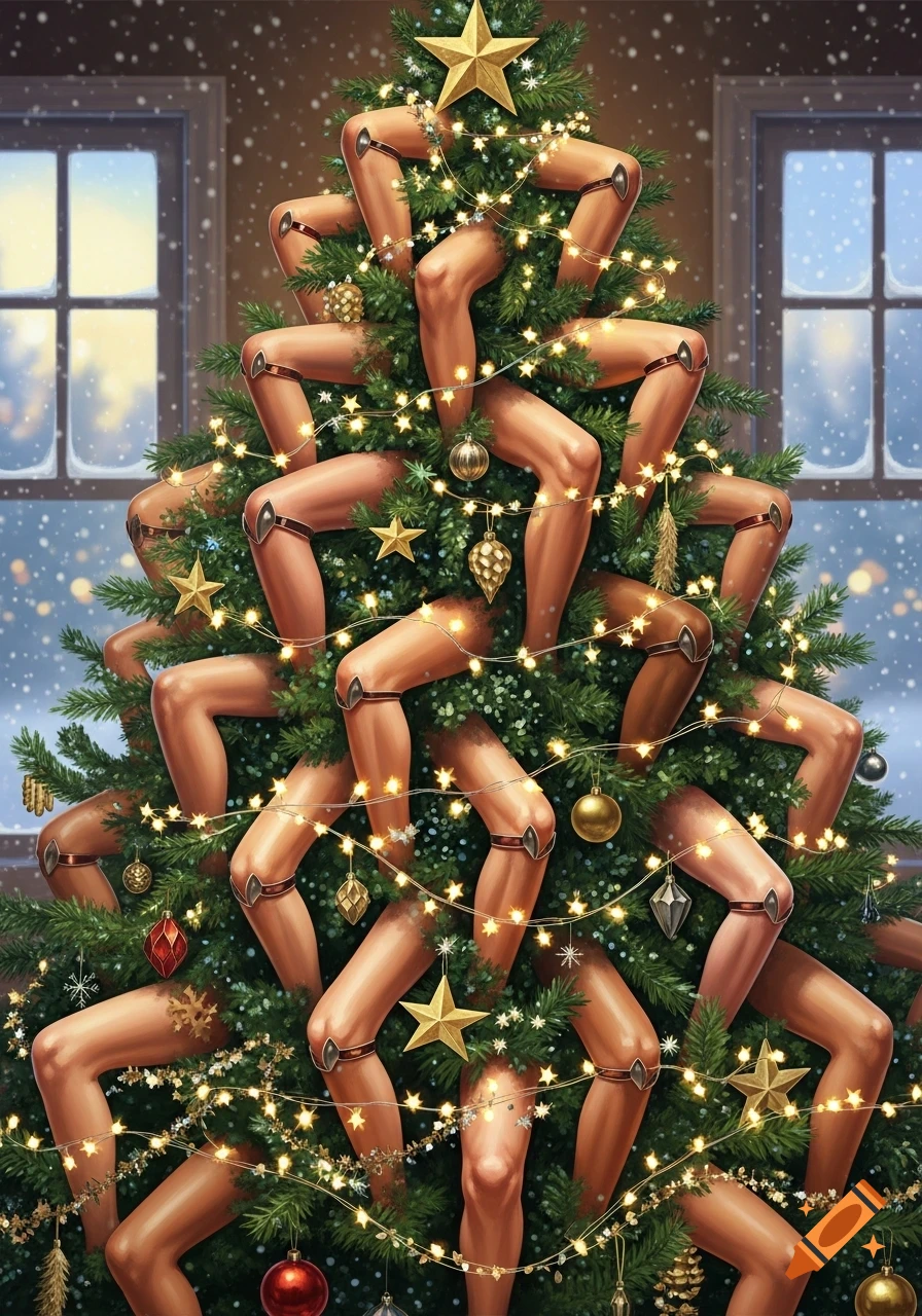 A surreal Christmas tree decorated with numerous human-like legs and knees, adorned with lights and ornaments, against a snowy window.