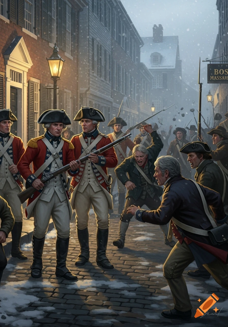 An oil painting depicting the Boston Massacre with British soldiers in red coats and colonists in a snowy street confrontation.