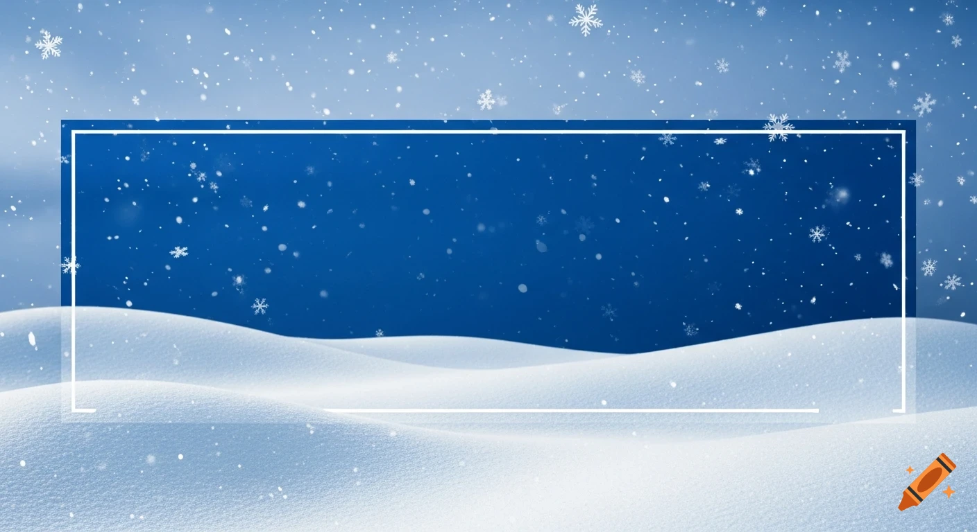 A winter scene with a royal blue background, white snow drifts, falling snowflakes, and a prominent white rectangular frame.