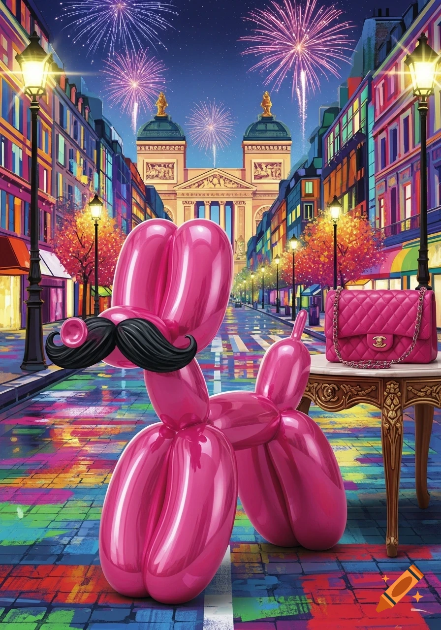 A pink balloon dog with a mustache on a colorful street with fireworks overhead. A pink Chanel bag sits on a nearby table.