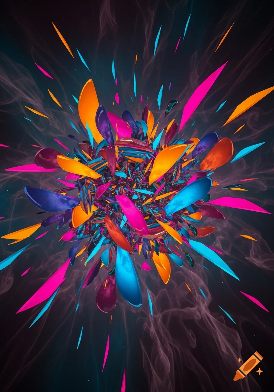 An abstract explosion of vibrant orange, pink, blue, and purple metallic shards and shapes against a smoky dark background.
