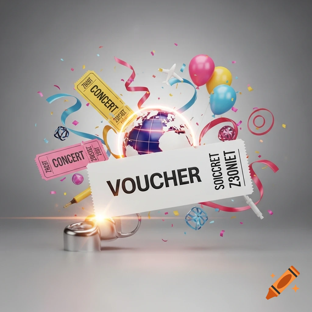 A 3D render of a 'VOUCHER' ticket, concert tickets, balloons, a globe, ribbons, and confetti flying against a grey background.