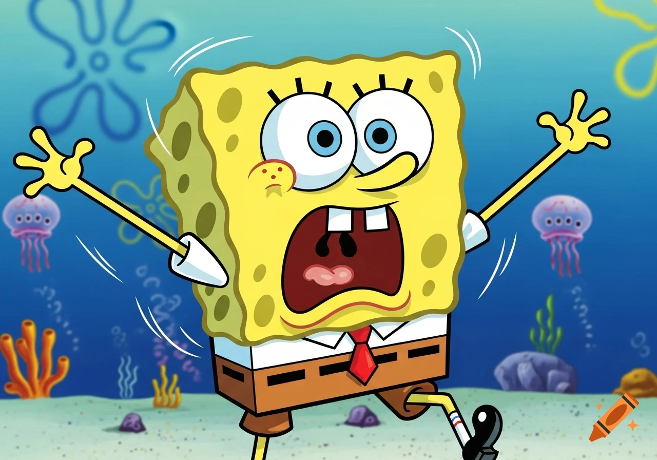 Spongebob Squarepants stands wide-eyed and screaming underwater, with arms outstretched in fear, surrounded by jellyfish and coral.