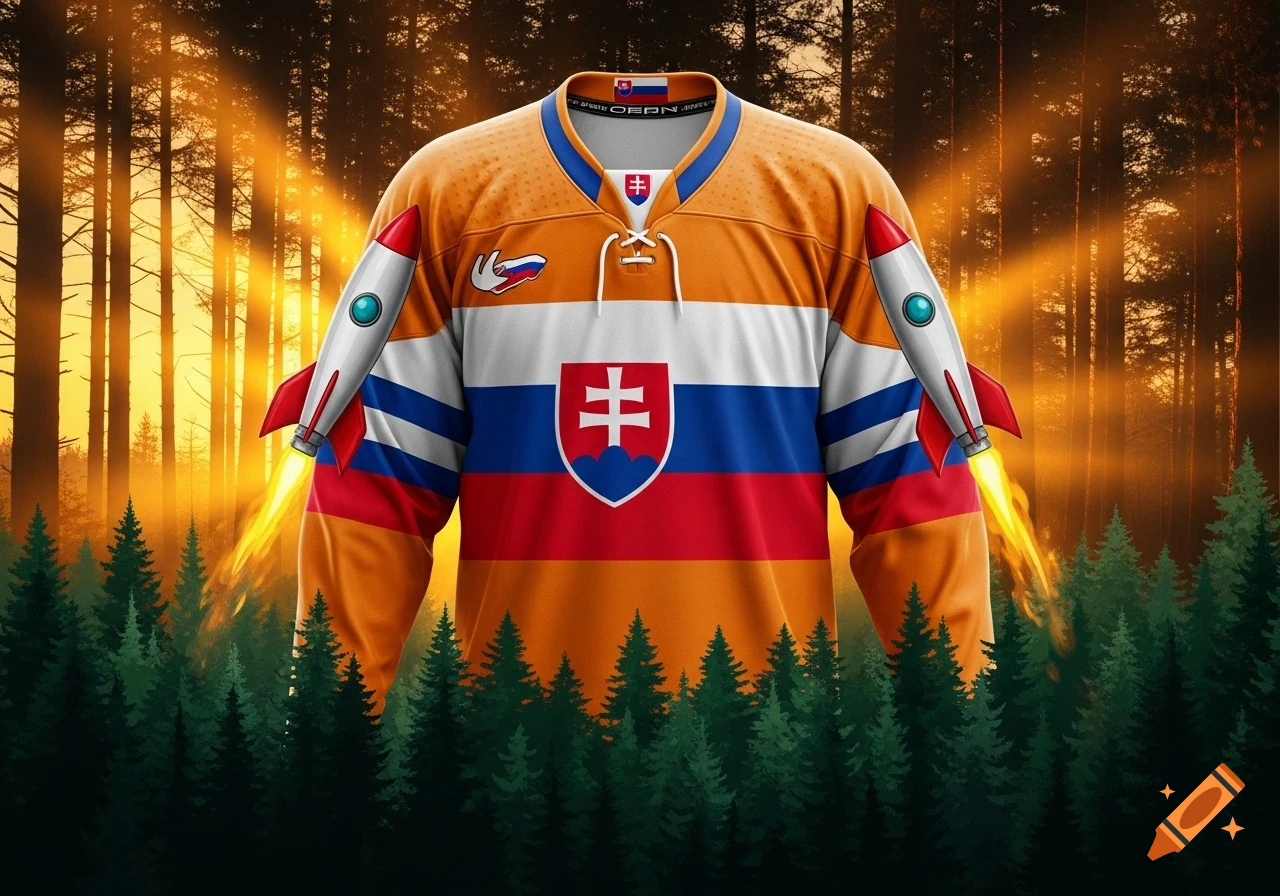 Orange and white hockey jersey with Slovakia flag design and shield, rockets on sleeves, in a forest with sunbeams.