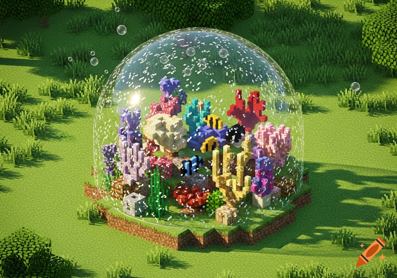 A vibrant Minecraft coral reef ecosystem inside a clear bubble, surrounded by smaller bubbles, set on a grassy landscape.