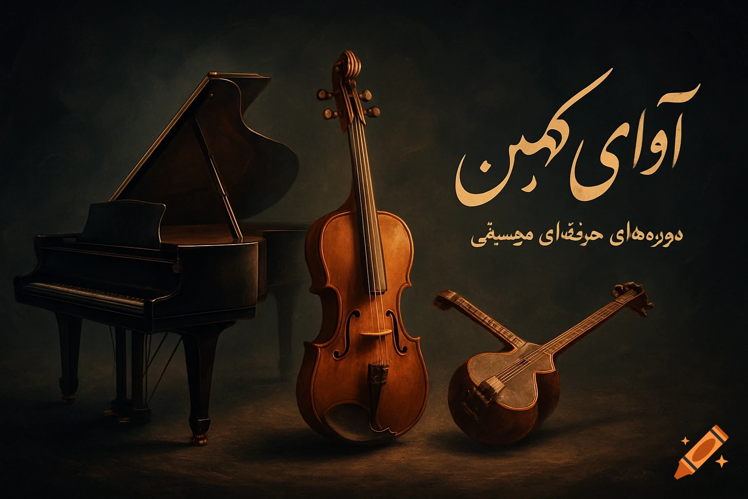 A dark, artistic banner with golden light features a grand piano, a violin, and a tar, with Persian text "Avā-ye Kohan Professional Music Courses"