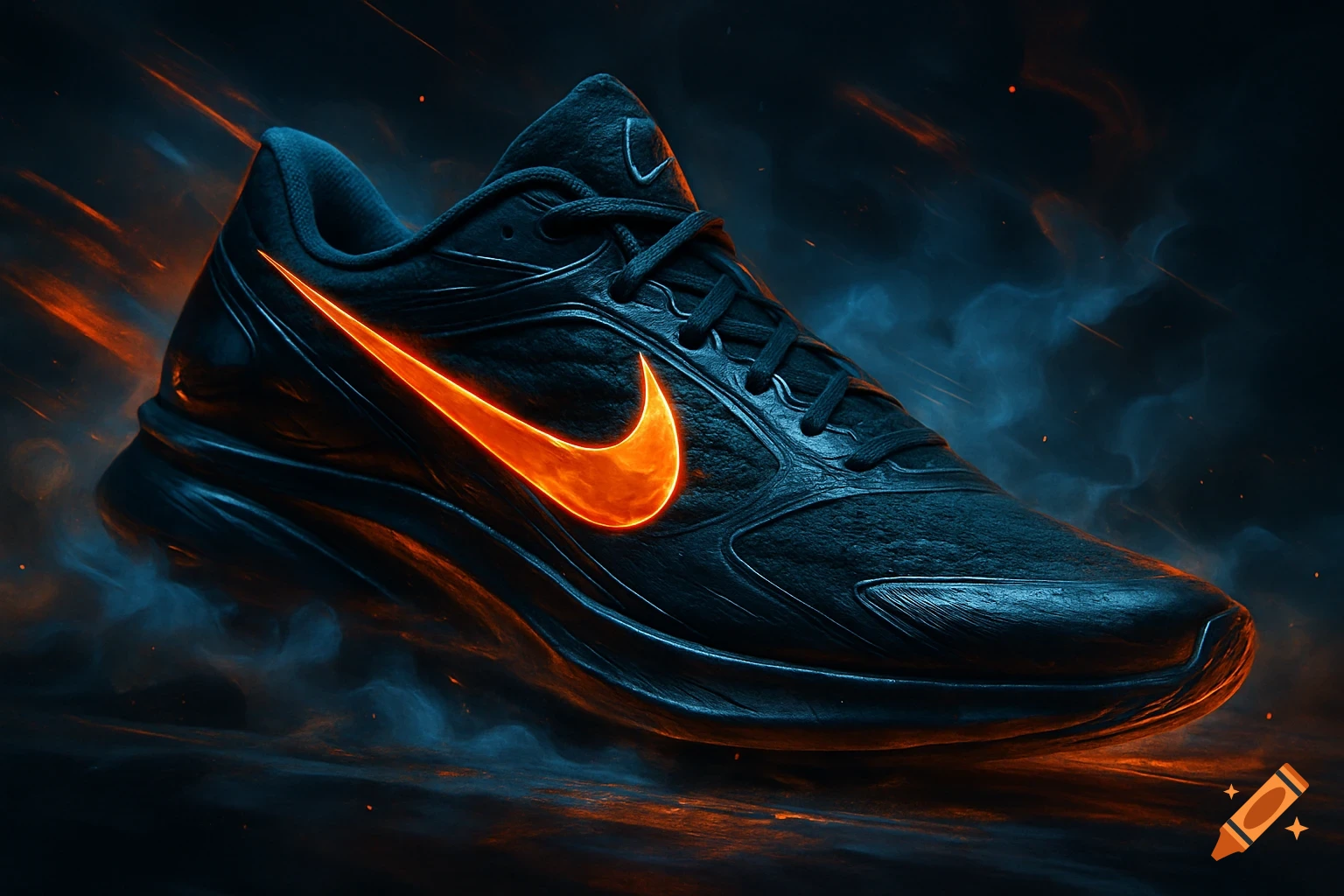 Dark running shoe with a glowing orange Nike swoosh, surrounded by blue and orange smoky trails.