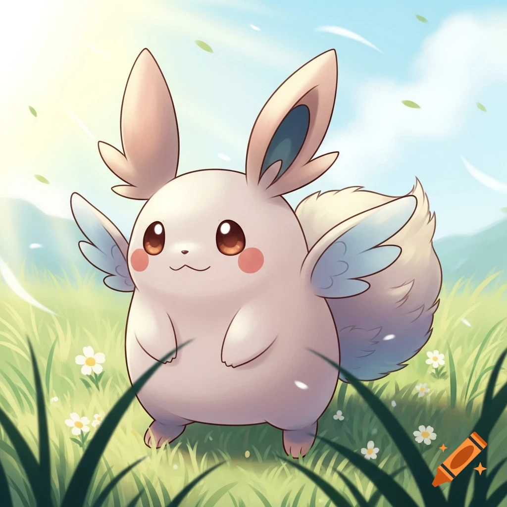 A cute, light pink, winged creature with floppy ears and a fluffy tail stands in a sunny grassy field with white flowers, cartoon.