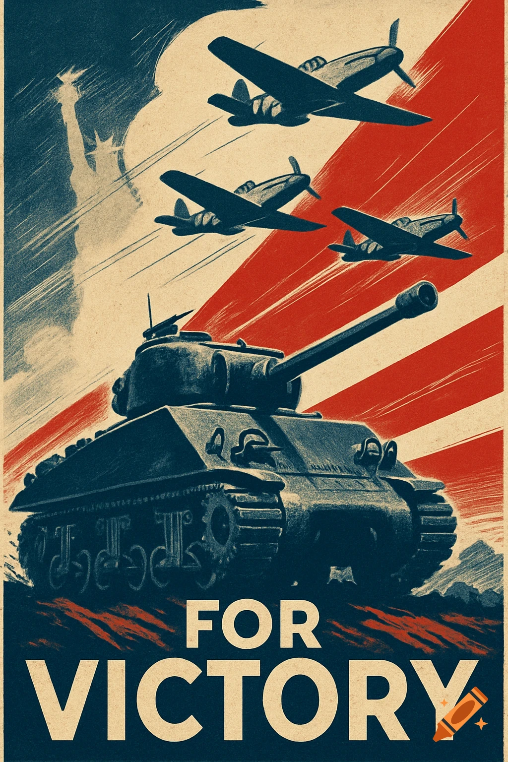 A vintage American World War II propaganda poster showing a Sherman tank, three Mustang airplanes, and the Statue of Liberty against a red, white, and blue background with text 'FOR VICTORY'.