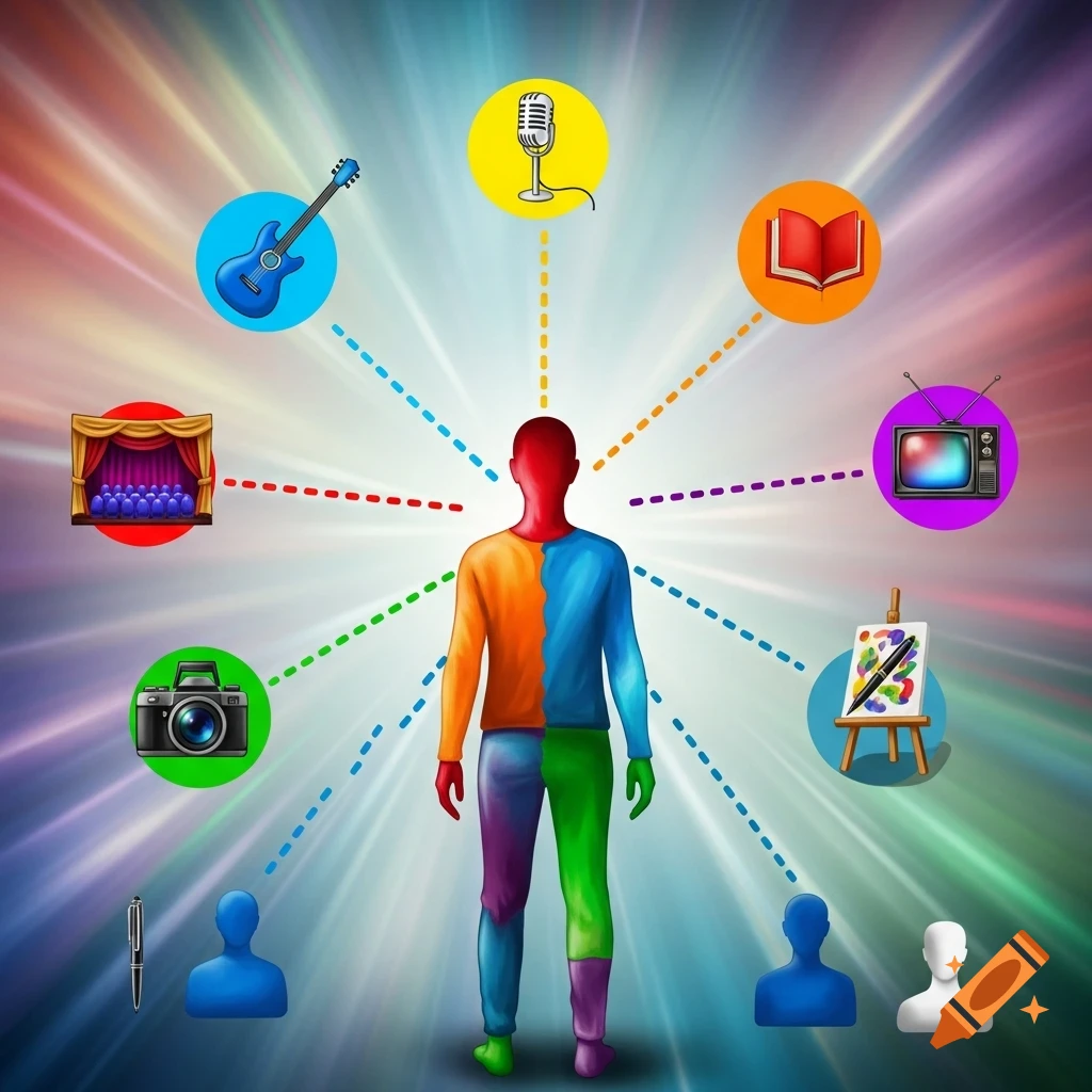 Stylized multi-colored person from behind, connected by dotted lines to icons of hobbies like a guitar, microphone, book, and camera, on a radiant background.
