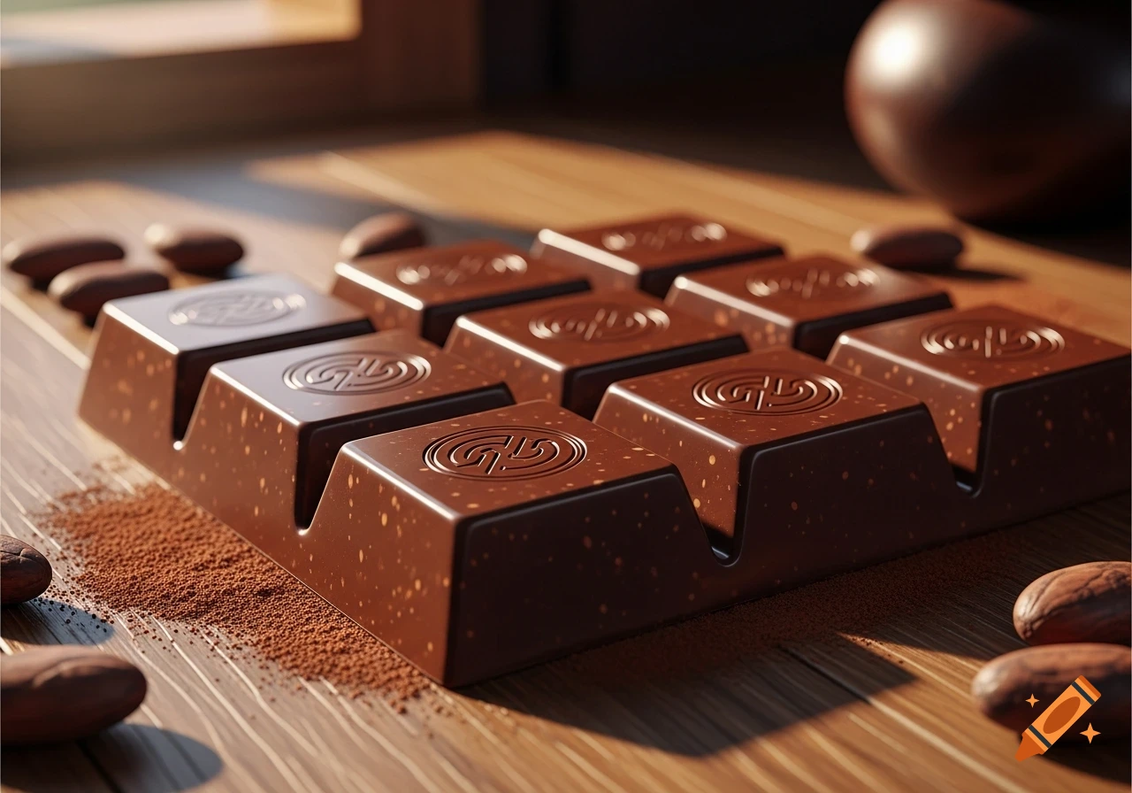 A photorealistic close-up of a chocolate bar with embossed designs, cocoa powder, and cocoa beans on a wooden table.