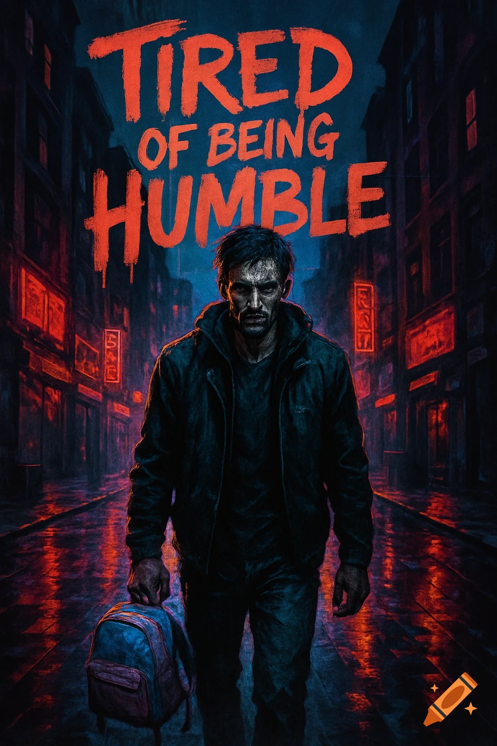 A grim man walks down a dark, wet city street at night with neon reflections, carrying a backpack, with 'TIRED OF BEING HUMBLE' text above.