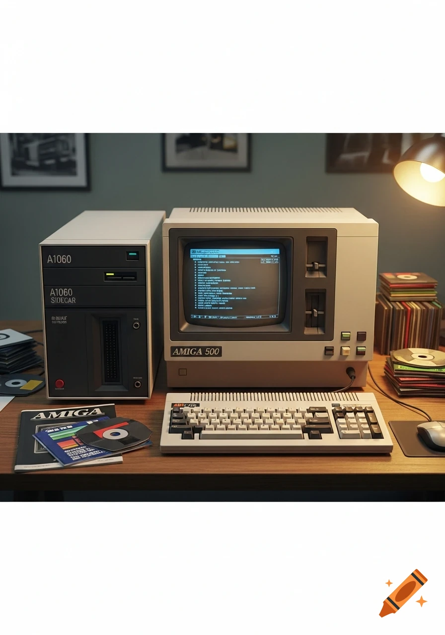 A retro computer setup featuring an Amiga 500 with an A1060 Sidecar, keyboard, monitor, and floppy disks on a desk.