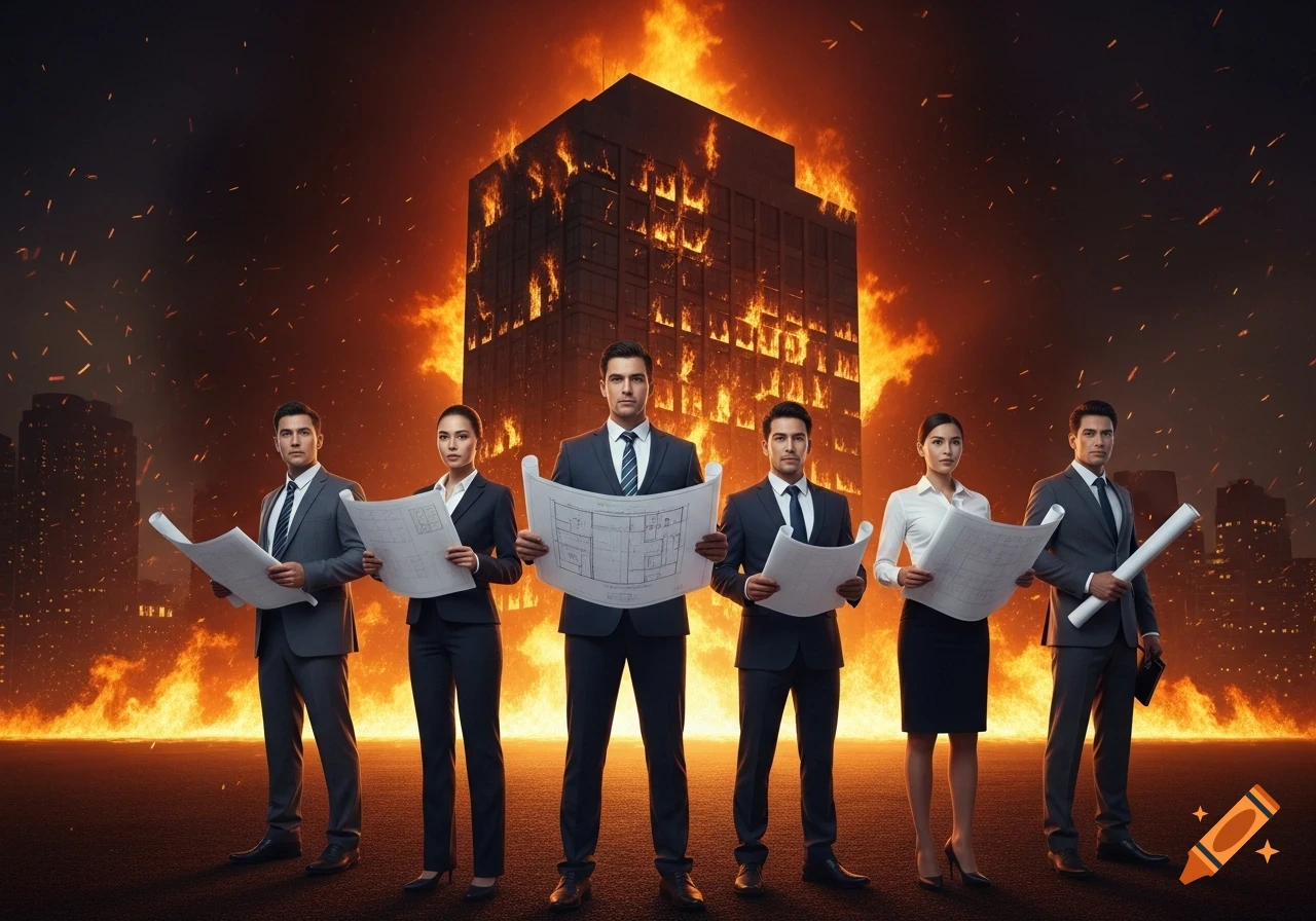 Group of six business people holding blueprints, standing calmly in front of a large office building engulfed in flames, with a city skyline behind them.
