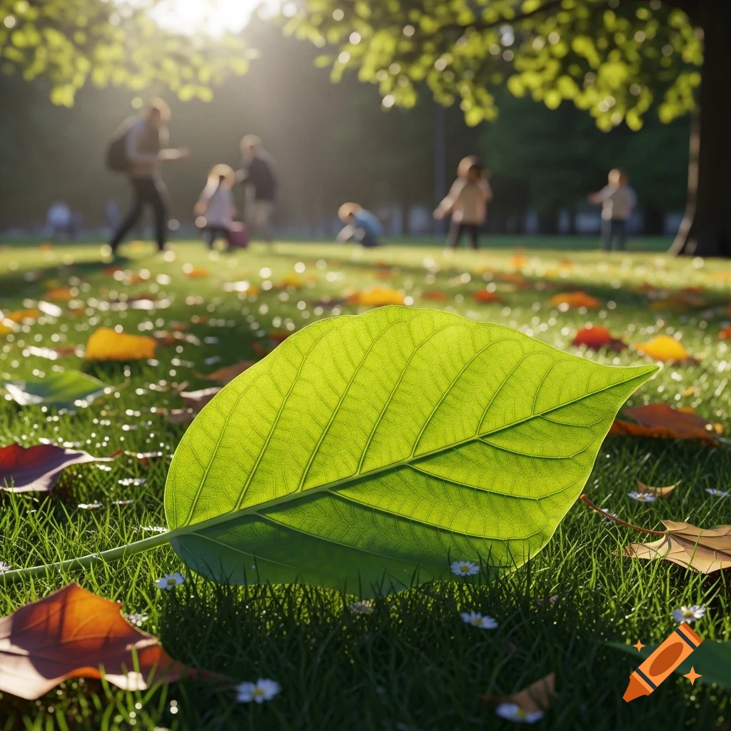 A vibrant green leaf lies on dew-covered grass with scattered autumn leaves in a sunlit park, blurry people in background. Photorealistic style.
