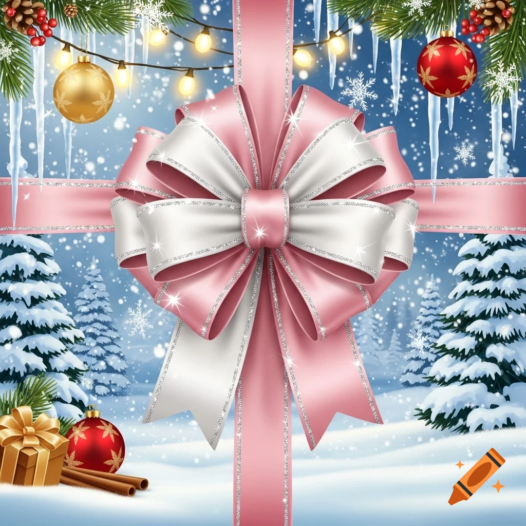 A pink and white glittery Christmas bow on a snowy winter background with fir branches, icicles, string lights, and ornaments.