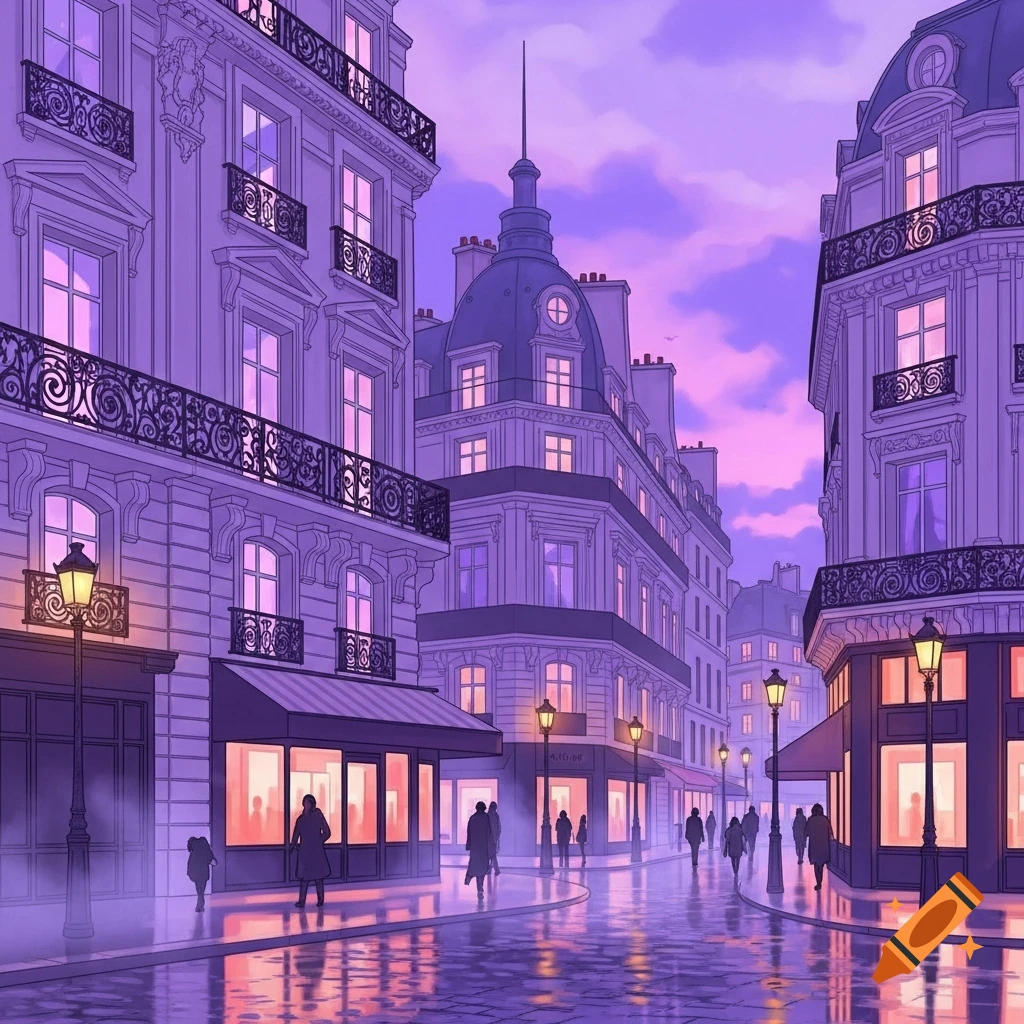 Animated illustration of a Parisian street at dusk, bathed in purple hues, with elegant buildings, streetlights, and reflections on the wet pavement.
