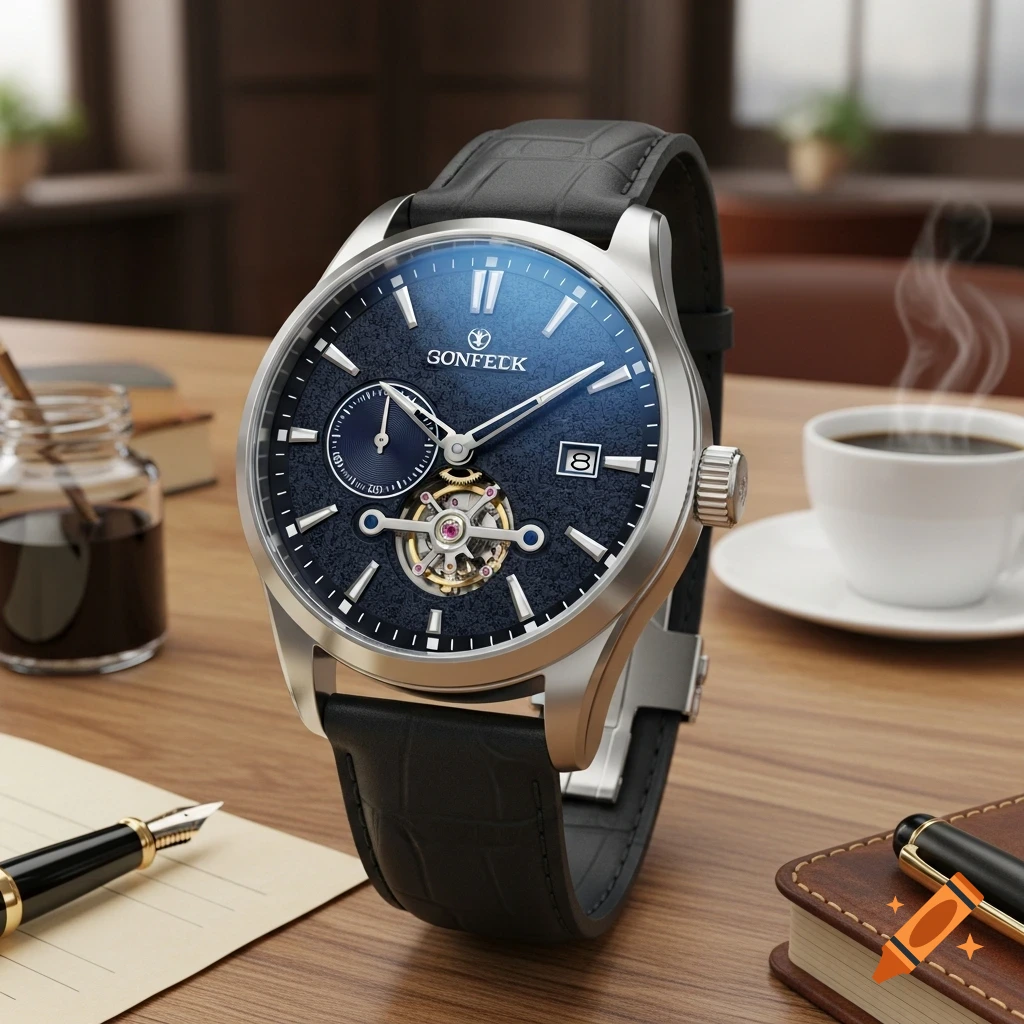A detailed shot of a luxury black and silver wristwatch with a leather strap, displayed on a wooden desk with an inkwell and a steaming coffee cup.