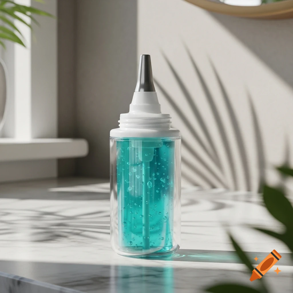A clear bottle with blue-green liquid and a pump mechanism sits on a marble surface with palm leaf shadows.