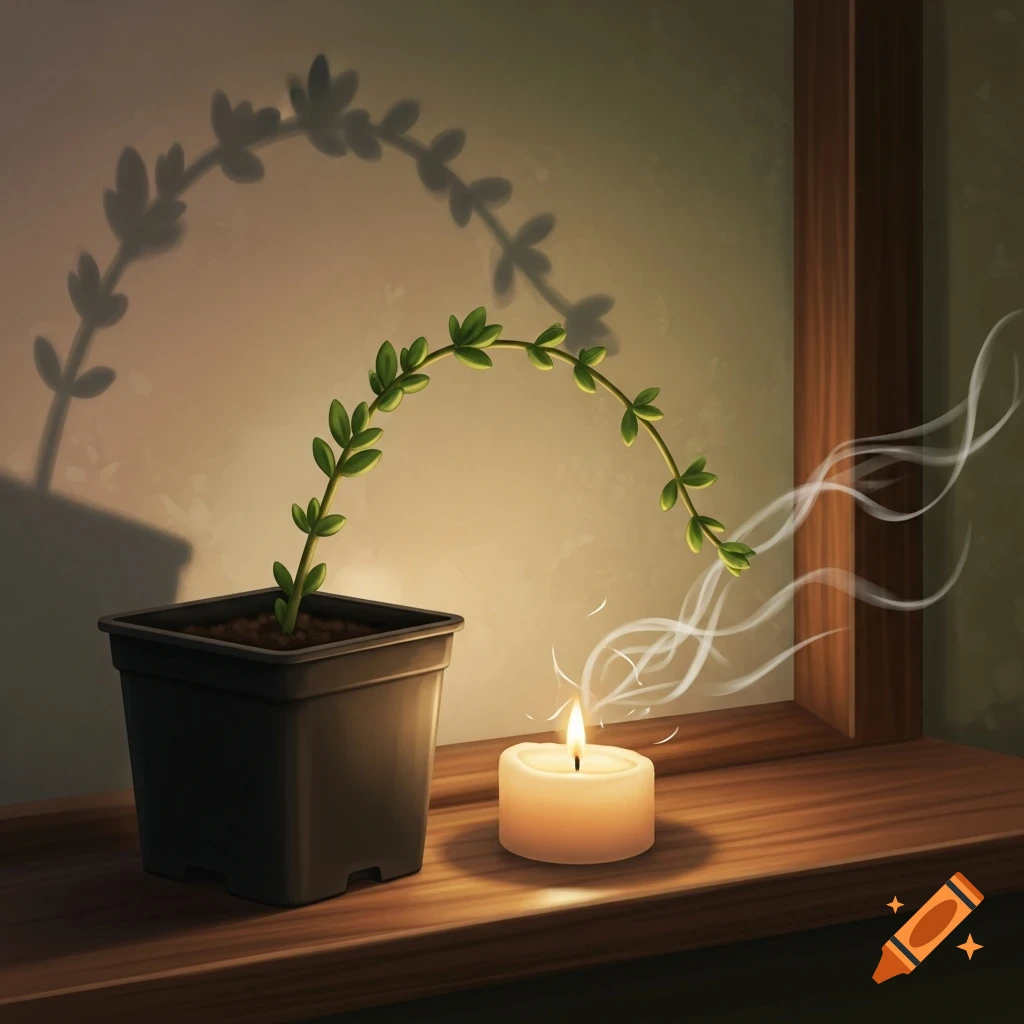 A small potted plant bends towards a lit candle on a wooden window sill, casting a long shadow on the wall, in a warm, illustrative style.