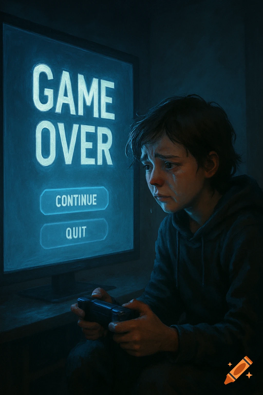 A young person cries, holding a controller, facing a glowing blue "GAME OVER" screen with "CONTINUE" and "QUIT" buttons, in an illustration.