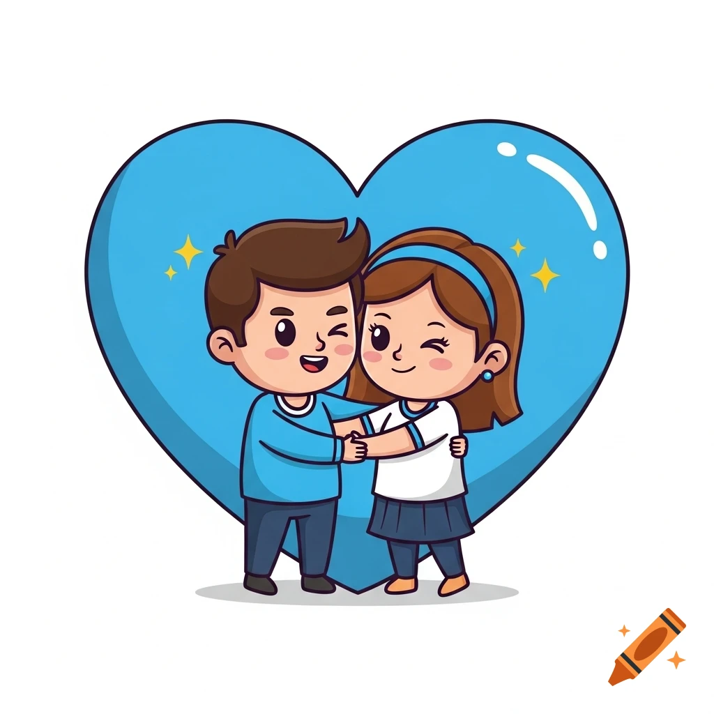 A cute cartoon couple, a boy and a girl, hugging and winking in front of a large blue heart with sparkling details.