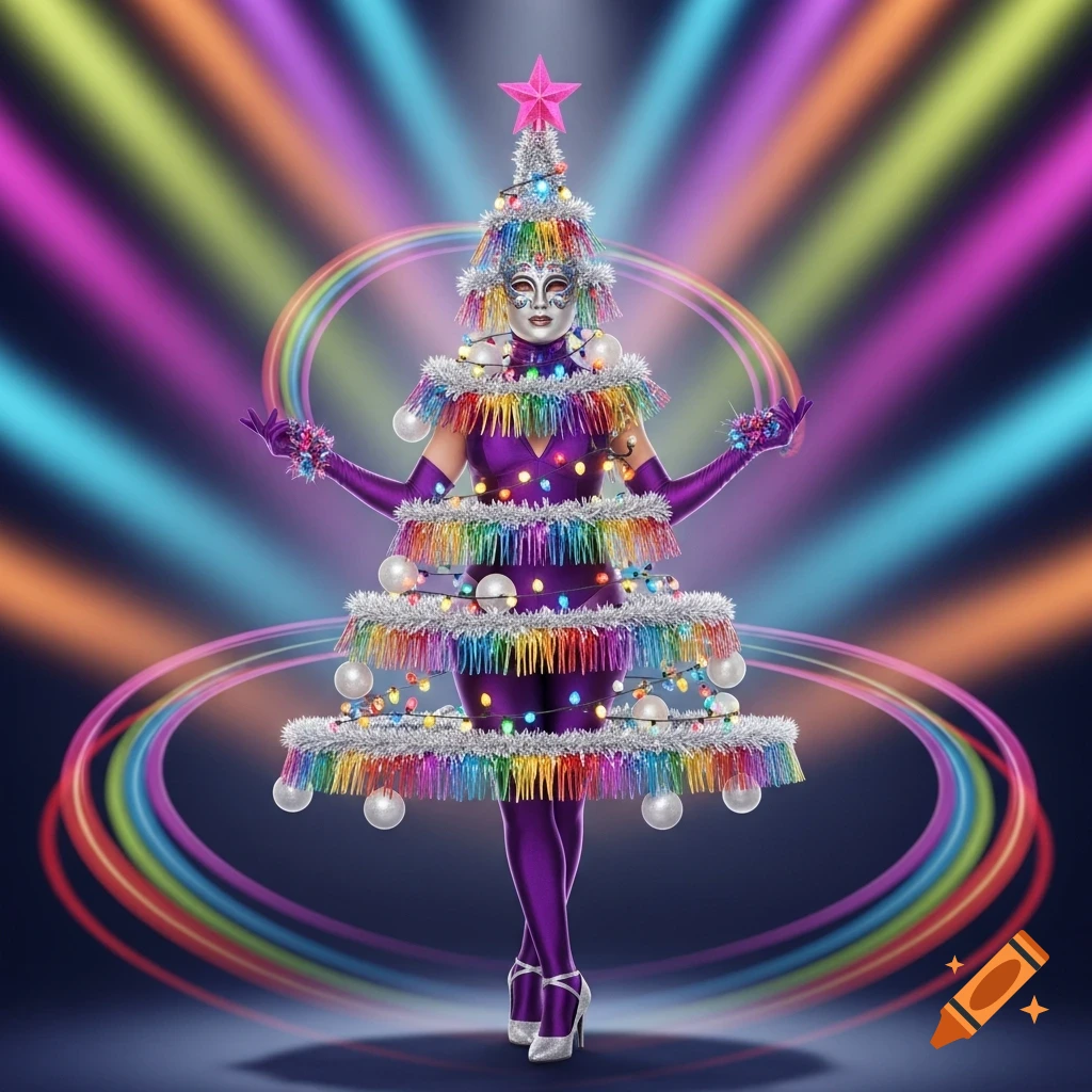 A person in a flamboyant purple Christmas tree costume with rainbow fringe, silver tinsel, white ornaments, and lights, wearing a metallic mask and a pink star on top.