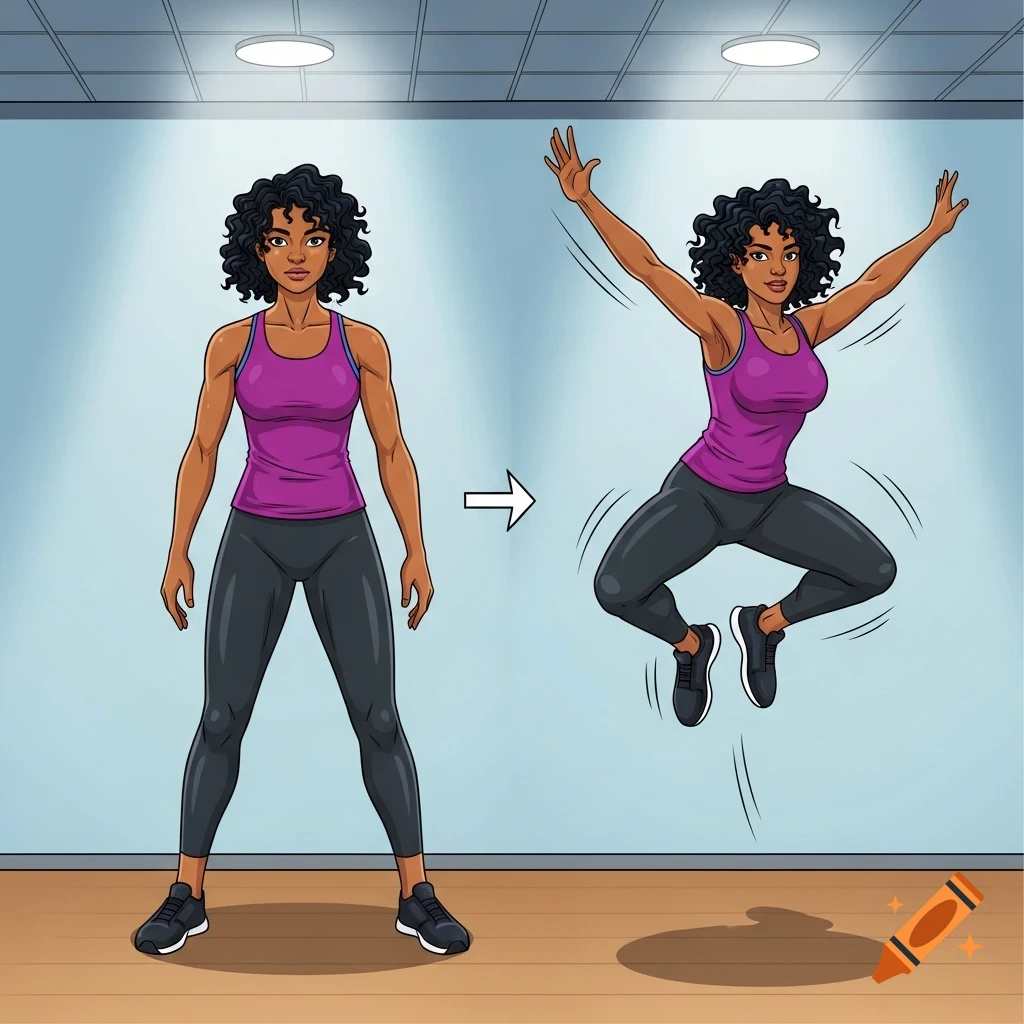 Animated illustration of a woman performing a two-part jumping jack exercise, first standing, then mid-jump with limbs extended.