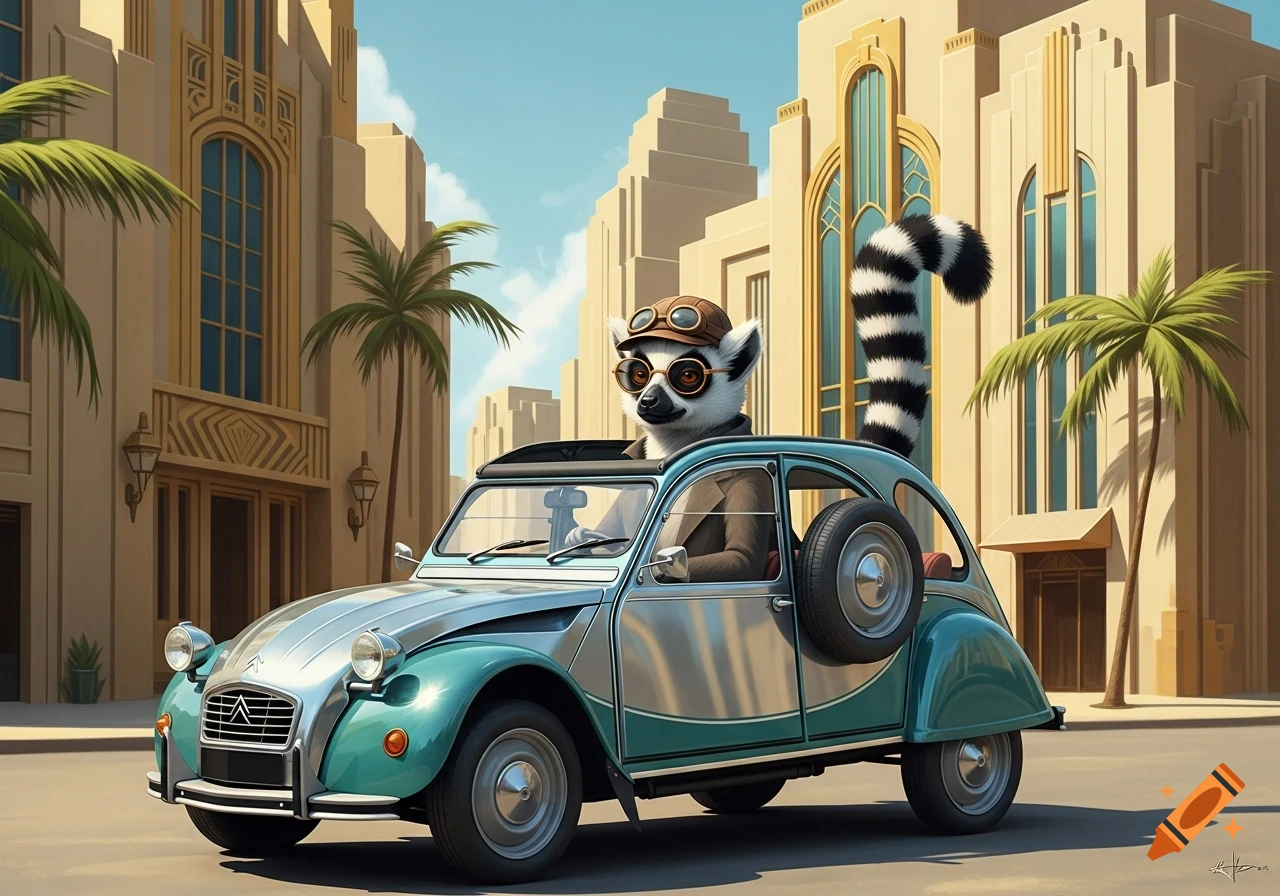An anthropomorphic lemur in a pilot's hat and goggles drives a vintage turquoise Citroën 2CV past Art Deco buildings and palm trees.