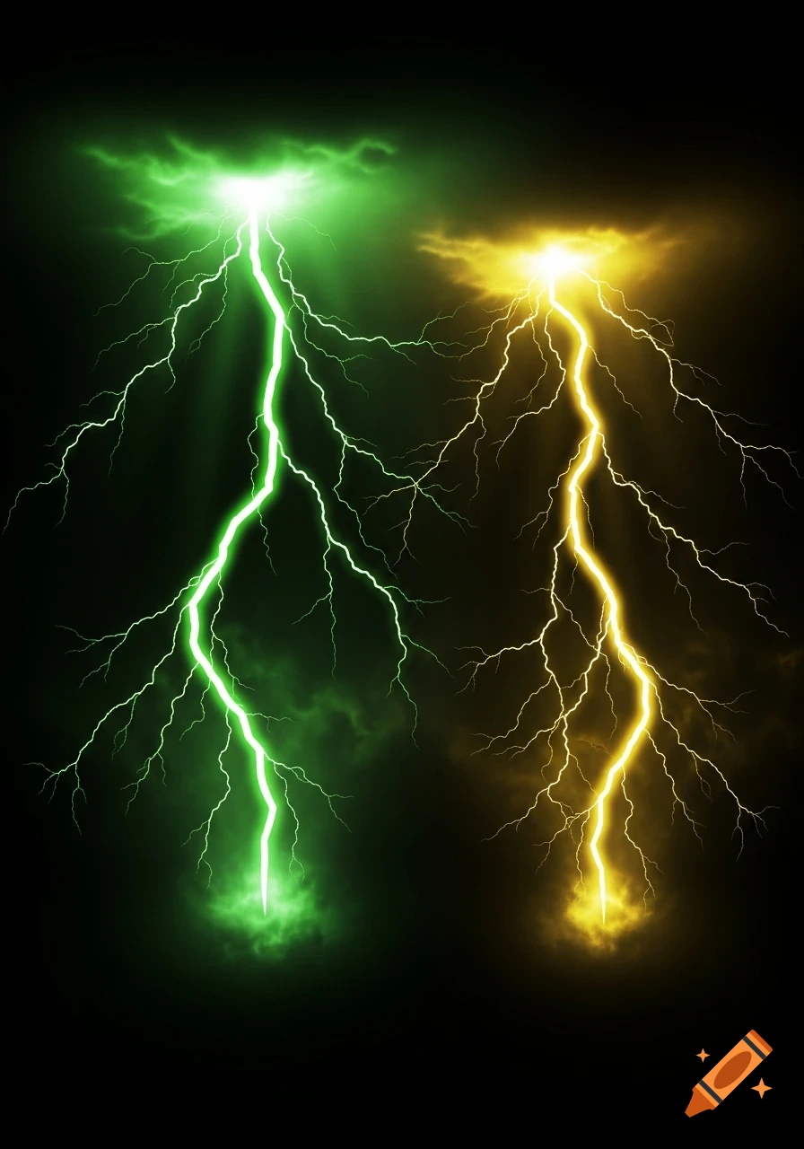 Two bolts of lightning, one bright green and one vivid yellow, strike down against a dark, stormy background.
