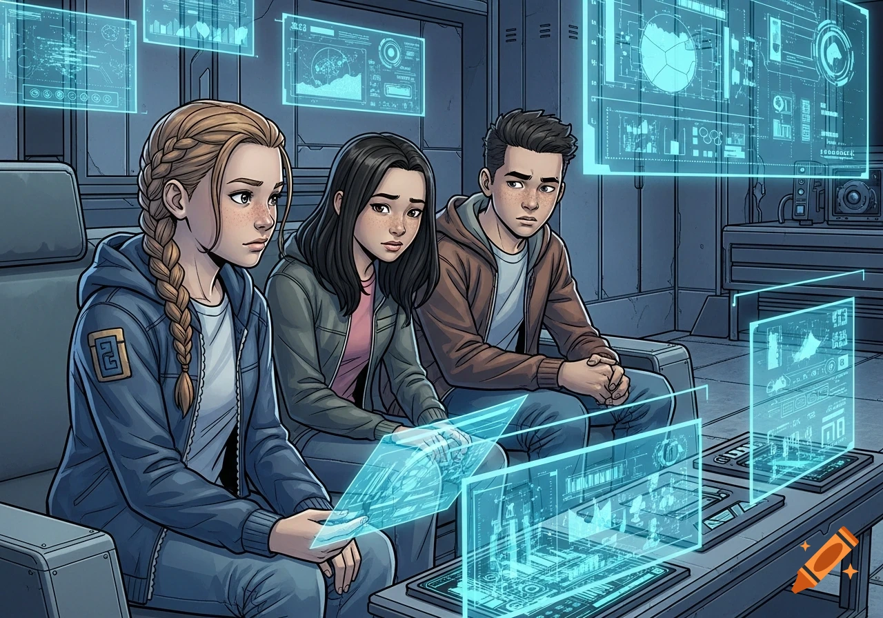 Three teenagers in comic style sit in a futuristic room, intently looking at glowing holographic screens displaying data.