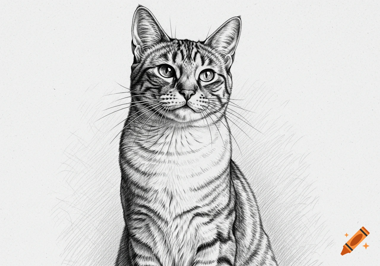 A detailed black and white pencil sketch of a tabby cat looking directly forward, with subtle cross-hatching in the background.