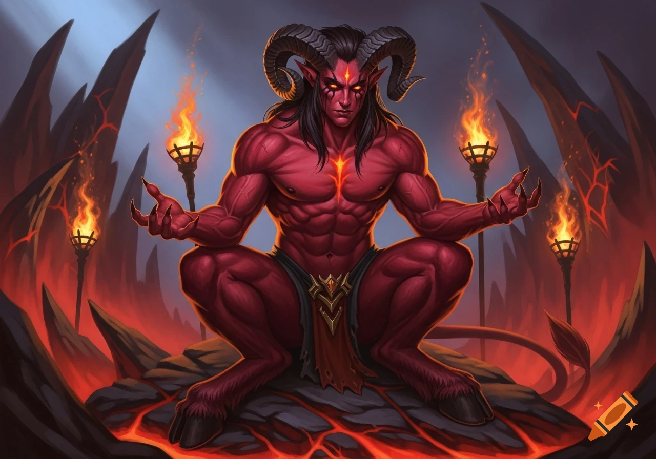 A muscular, red-skinned demon with ram horns and glowing eyes meditates in a fiery volcanic landscape with torches.