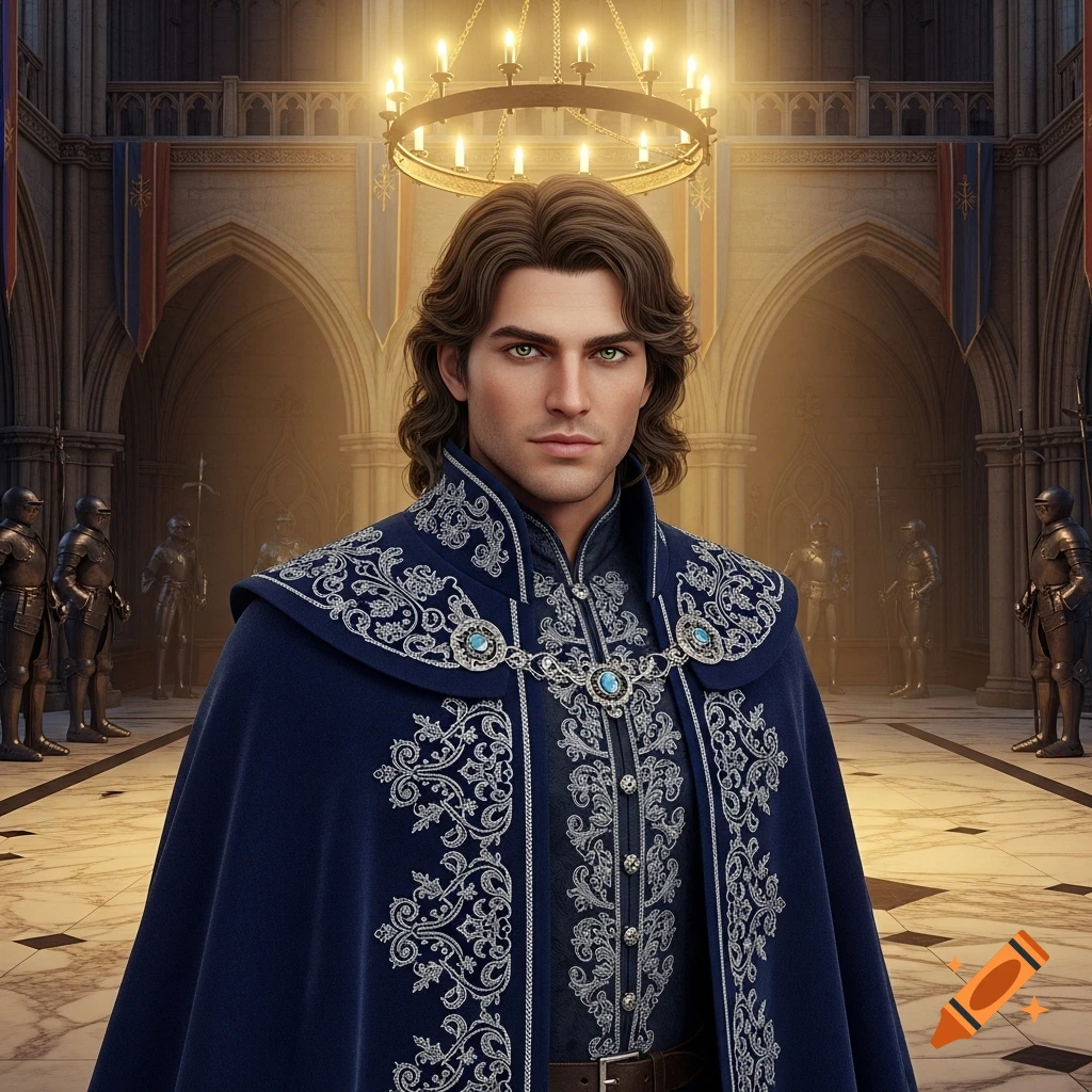 A handsome prince with long brown hair and green eyes in an embroidered blue and silver cape stands in a grand castle hall.
