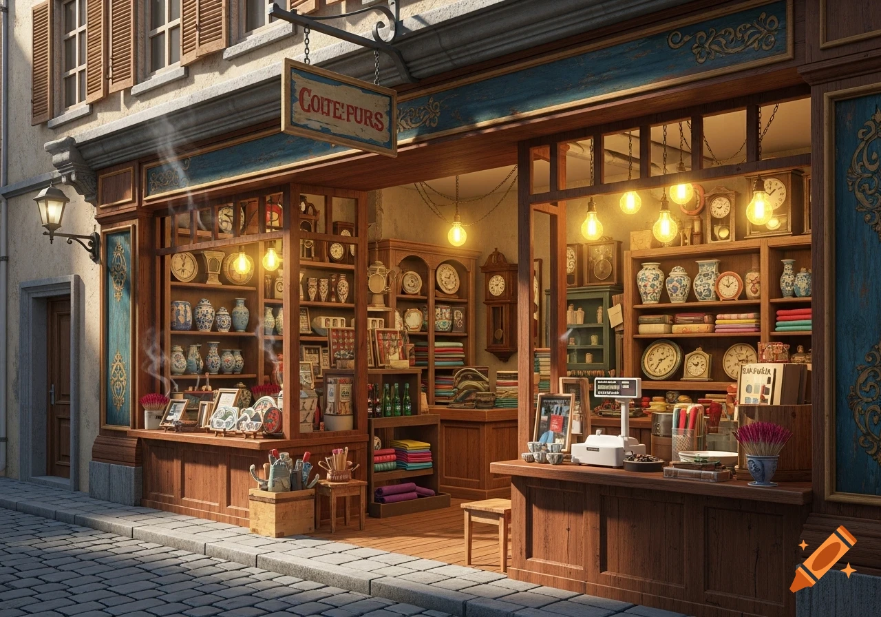 A warmly lit vintage shop exterior with wooden shelves full of clocks, vases, and goods, on a cobblestone street.