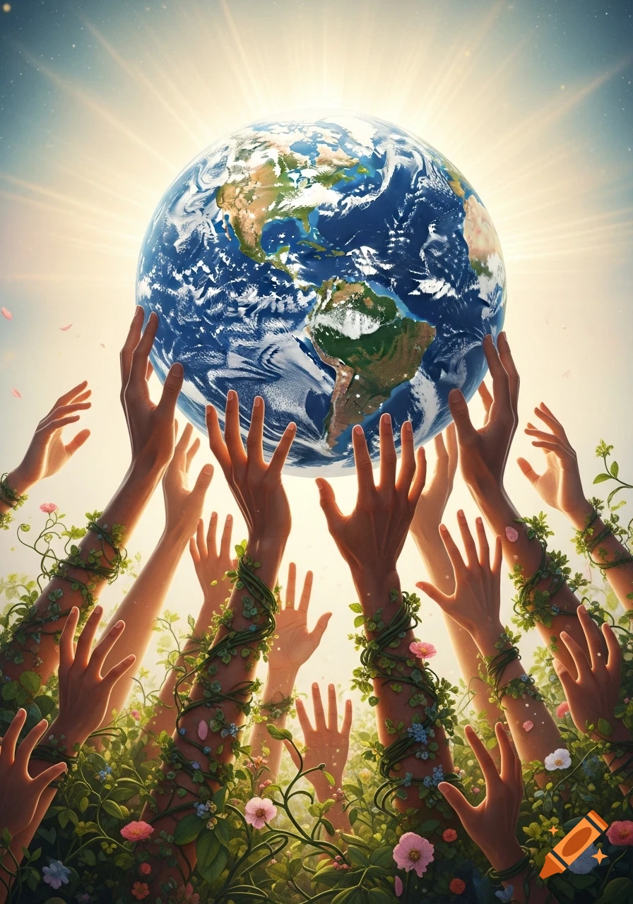 Numerous diverse hands, adorned with green vines and flowers, reach up to support the Earth, bathed in bright light.