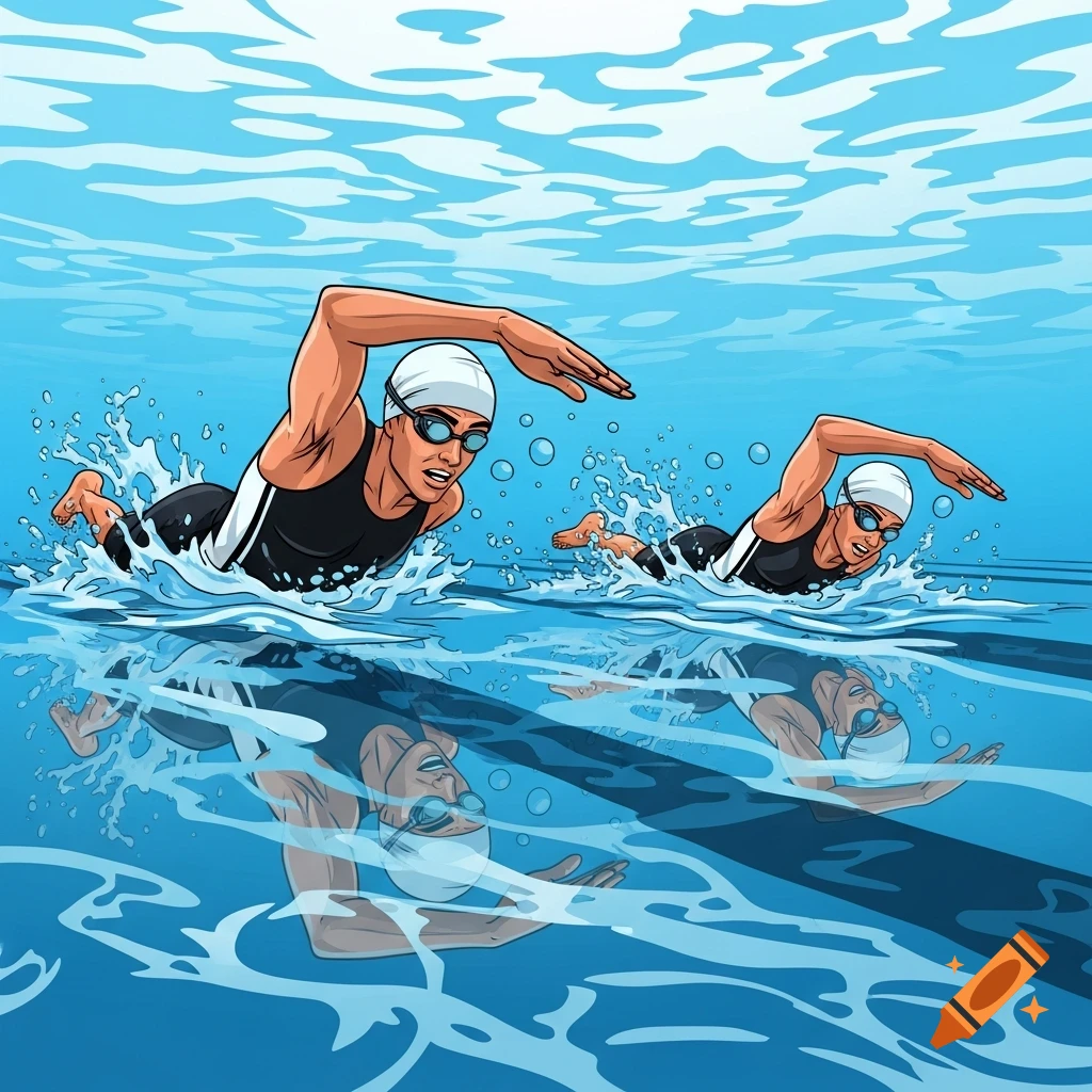 Two cartoon swimmers with caps and goggles in black and white suits swim freestyle in a pool, creating splashes and reflections in the blue water.