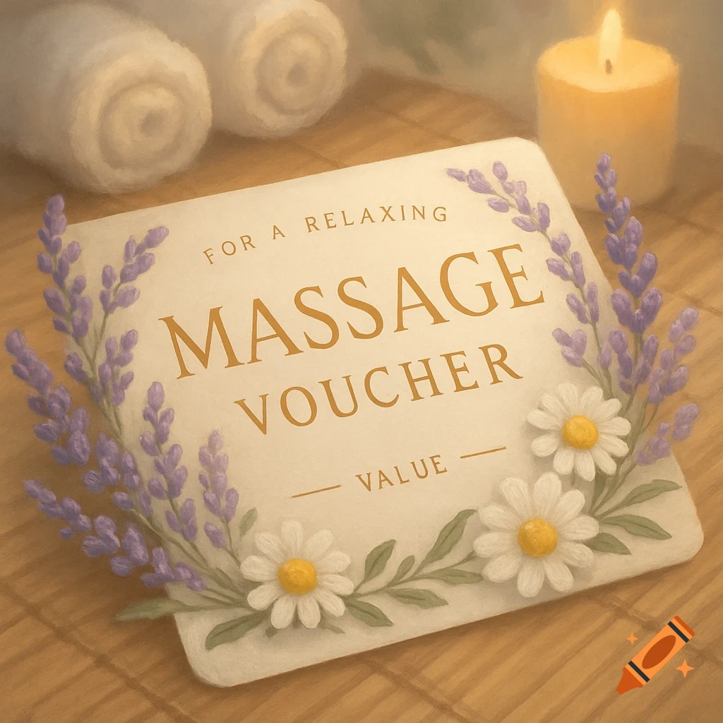 A massage voucher adorned with lavender and daisies, with rolled towels and a lit candle in the soft-focus background.