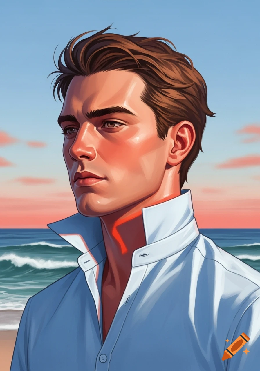 Illustration of a man with brown hair and a prominent red neck, wearing a white collared blue shirt, looking left at a beach with a sunset sky.
