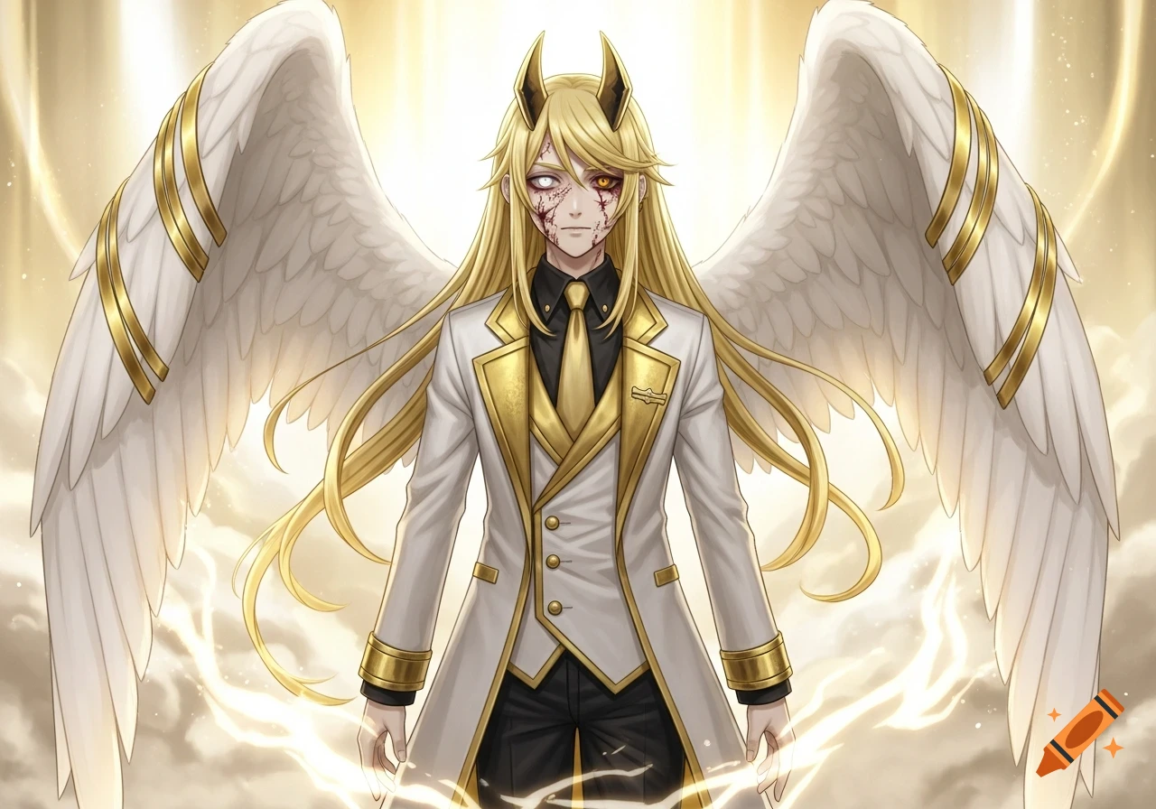 An anime character with long blonde hair, golden horns, white wings, and a white and gold suit, standing in golden light.