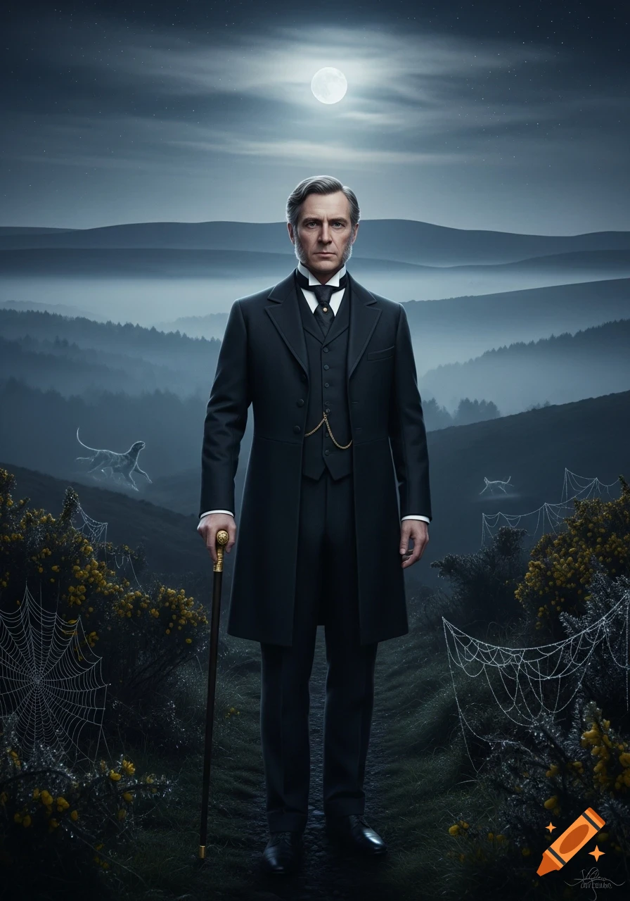 A grim man in a dark Victorian suit and topcoat holds a cane on a misty moor under a full moon, with spiderwebs on bushes and faint dog silhouettes.