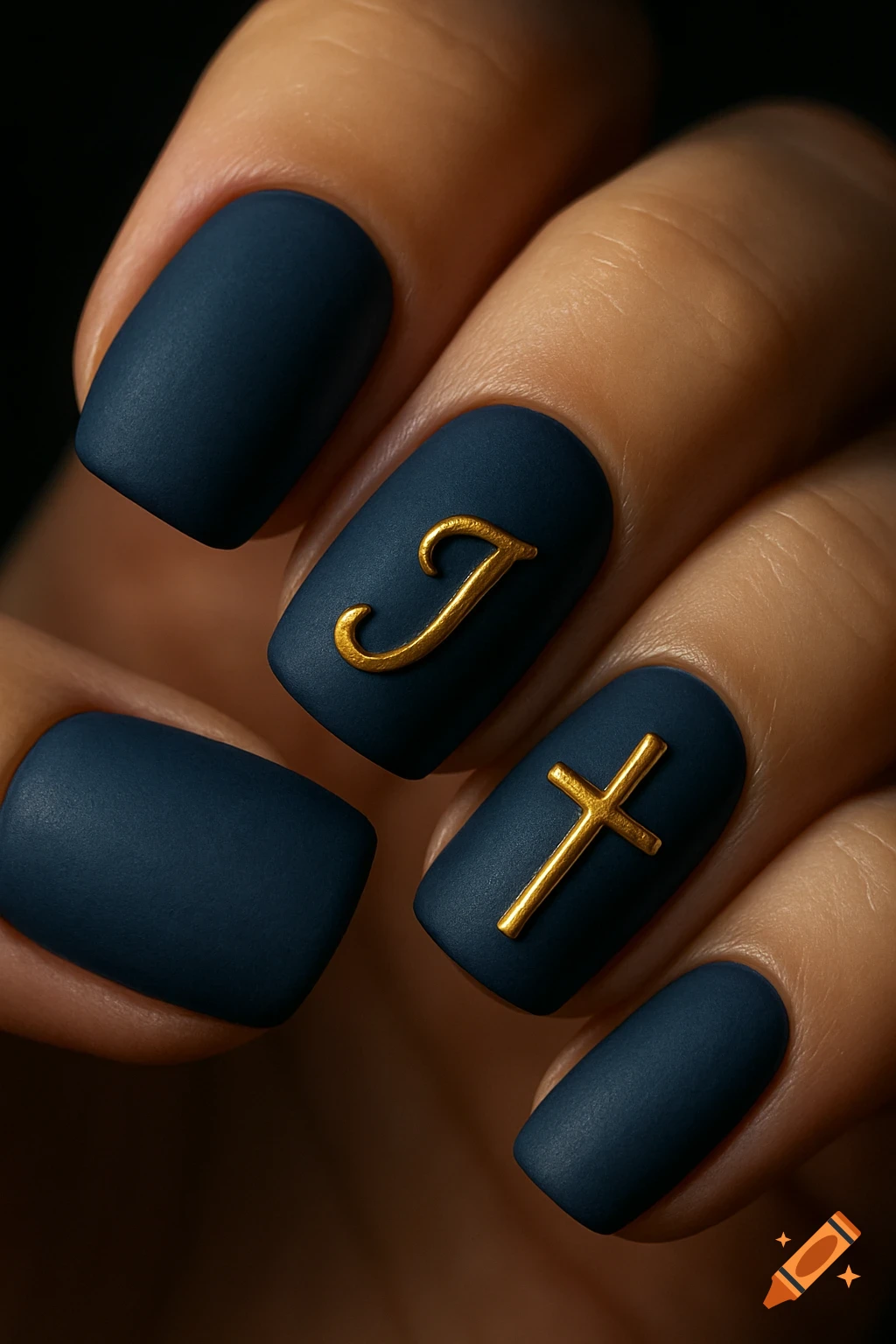 Close-up of a hand with matte dark blue gel nails, one with a golden 'J' and another with a golden cross.