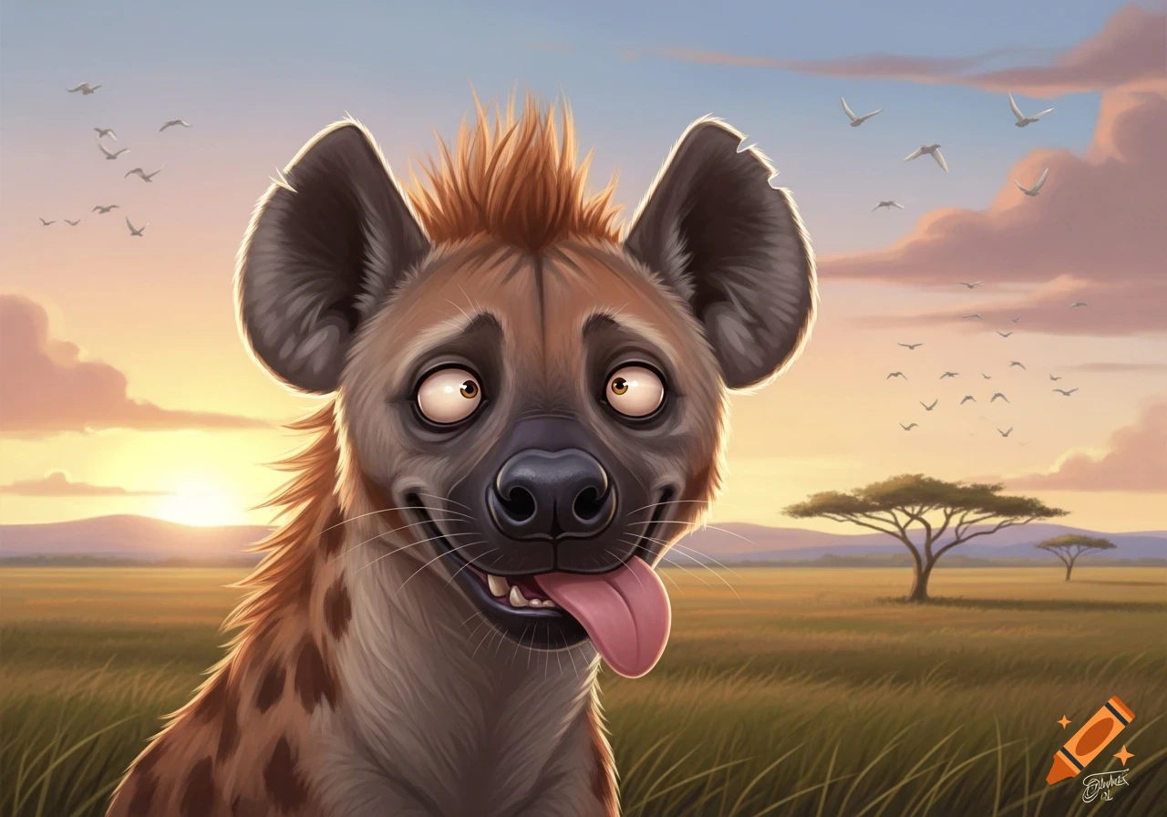 A cartoon hyena with wide, bulging eyes and its tongue sticking out smiles in a sunny African savanna with acacia trees and flying birds.