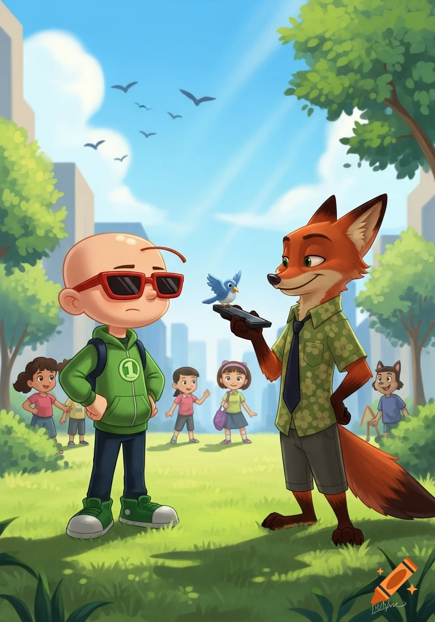 Cartoon illustration of a bald boy in sunglasses and a fox holding a bird, with children in a park setting.