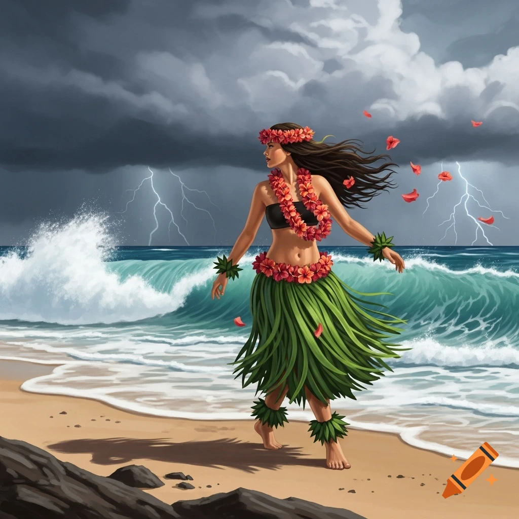 A woman in a hula skirt and leis walks on a stormy beach with crashing waves and lightning in an illustration.