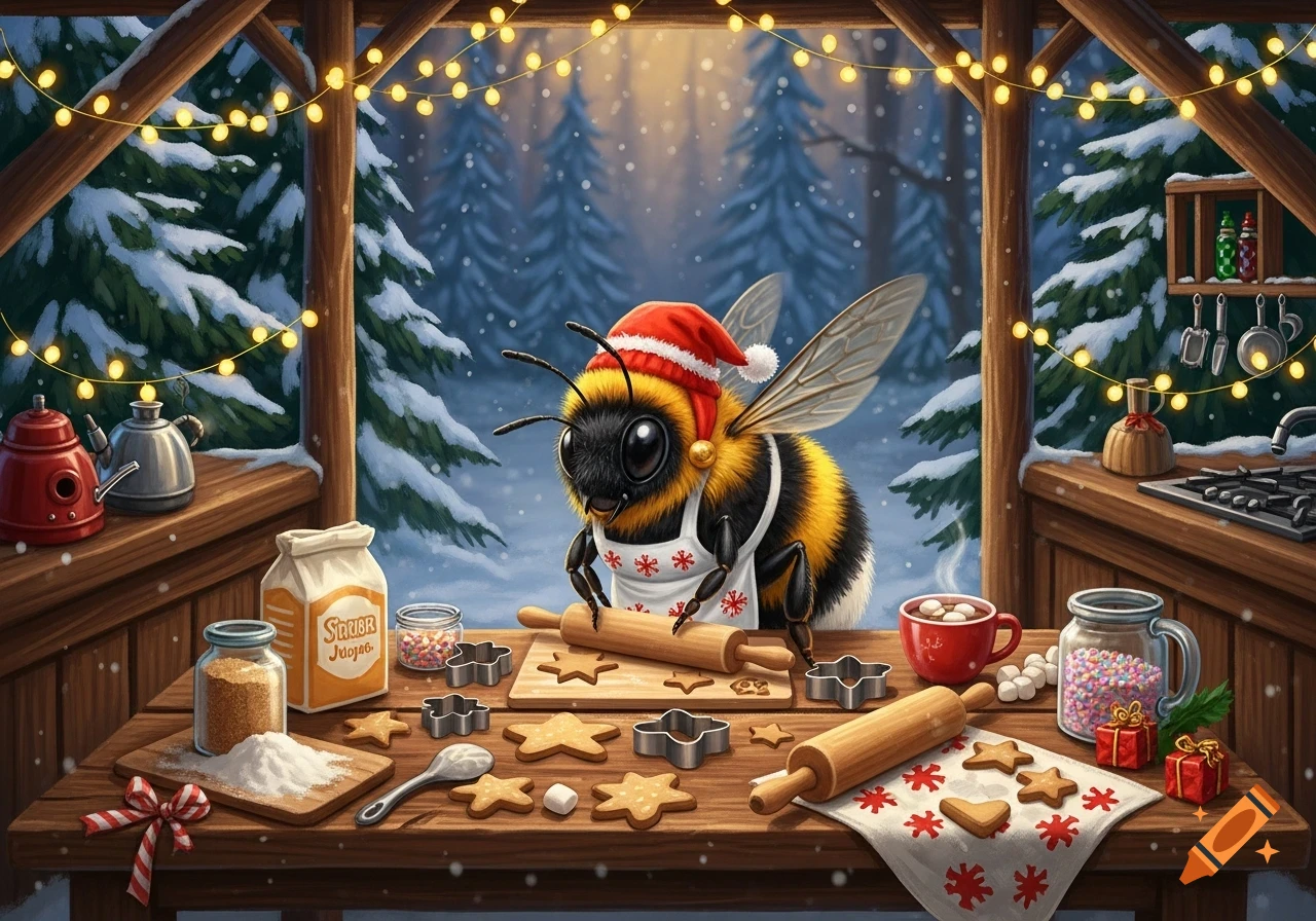 A cute bumblebee in a Santa hat and apron bakes star-shaped Christmas cookies on a wooden table in a cozy, snow-covered cabin.