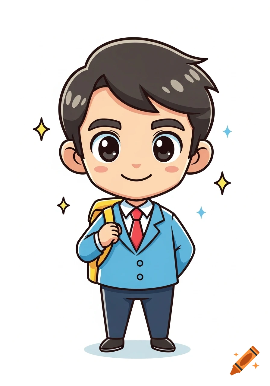 A cute chibi-style cartoon boy with dark hair, wearing a blue jacket, red tie, and dark pants, carrying a yellow backpack.