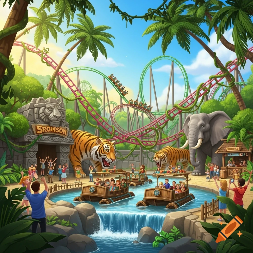 A vibrant cartoon jungle-themed amusement park with roller coasters, a river boat ride, large tiger statues, and an elephant, filled with happy visitors.