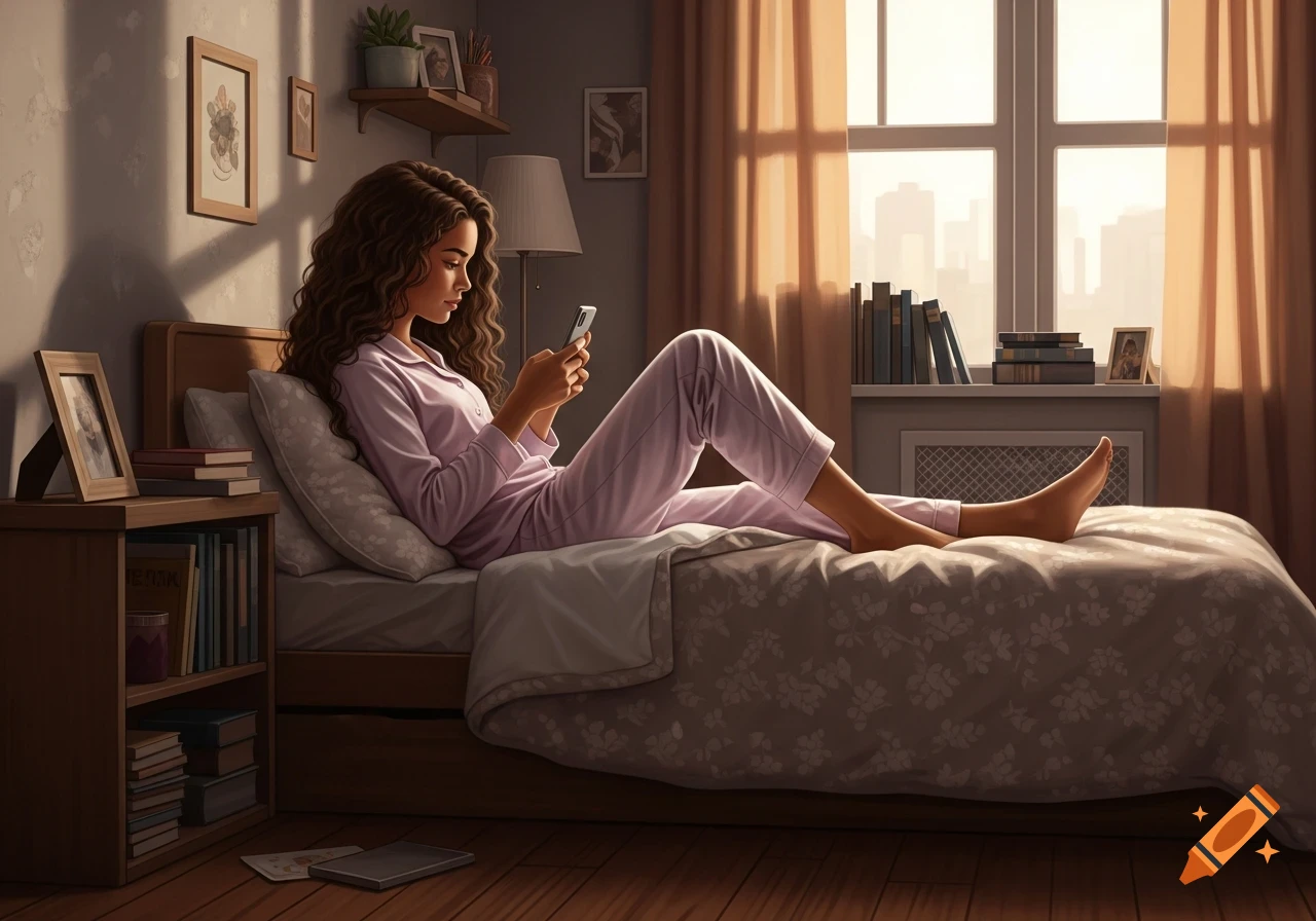 Young woman with curly hair lying on her bed in pajamas, looking at her phone in a sunlit, photorealistic bedroom.