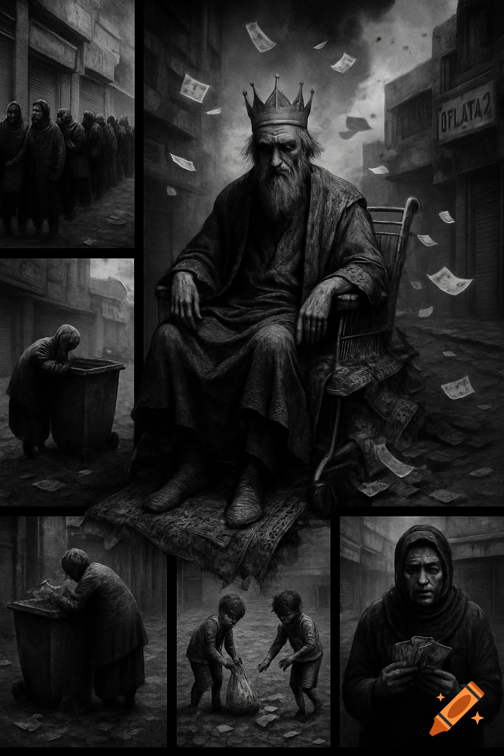 A black and white image depicting a king on a makeshift throne surrounded by scenes of urban poverty, including people waiting in queues and searching trash.